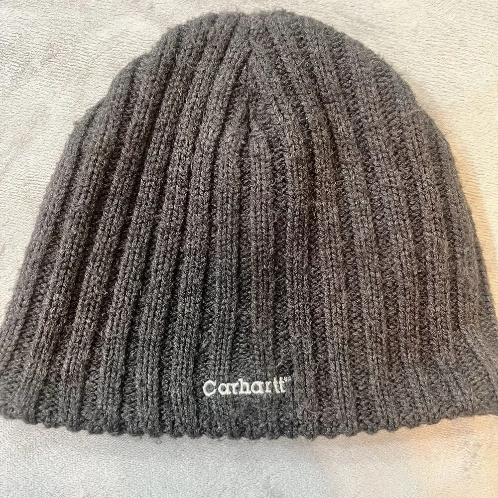 Carhartt Fleece Lined Ribbed Knit Beanie Hat Dark Gray Charcoal Winter Cap